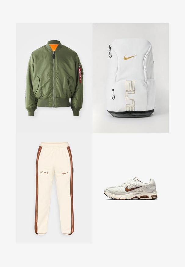 Oliven grøn bomberjakke med lynlås foran, ribbede manchetter og kant, sidelommer og orange foring. Har rød mærke detalje på ærmet.; Sort hættetrøje med en stor guld shamrock-design på forsiden, snor i hætten og frontlomme. Blødt, tekstureret stof.; Cremefarvede joggers med brune side-striber, med "The Town" logo og Nike swoosh. Elastisk talje og ribbede manchetter. Blødt, glat materiale.; Nike sneakers i off-white med struktureret mesh overdel, brune detaljer og polstret sål. Letvægtsdesign med rund tå og snørelukning.; Nike rygsæk i hvid med guld-logo og "ELITE" tekst, lynlåse, meshsidelommer og en sort bund. Glat tekstur.