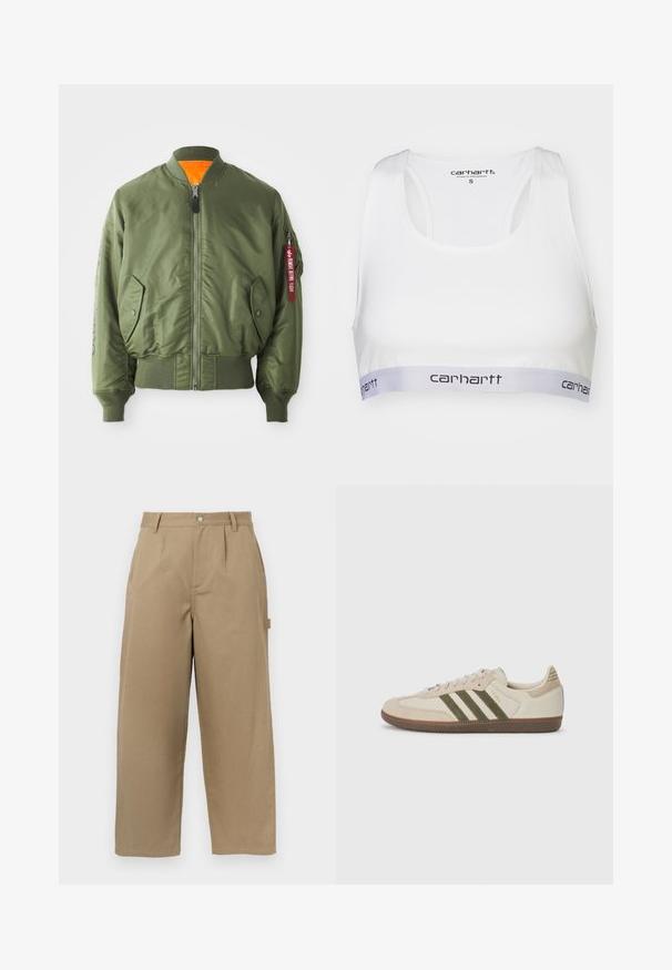 Olive roheline pommijakk, millel on lukuga ees, soonikute jälgimine varrukates ja allservas, küljetaskud ning oranž vooder. Omab punast sildiga detaili varrukal.; Valge sportlik rinnahoidja, millel on sile kangas, risti tagaosa ja hall elastne bänd, millel on must Carhartt logo. Suurus väike.; Bežid laiad püksid, mis on valmistatud puuvillase segu materjalist, kõrge talje, ees olevate voldikute ja kahe küljetaskuga, millel on nööbiga sulgemine.; adidas Originals SAMBA OG UNISEX - Tossud - alumina/medium dark khaki/gum