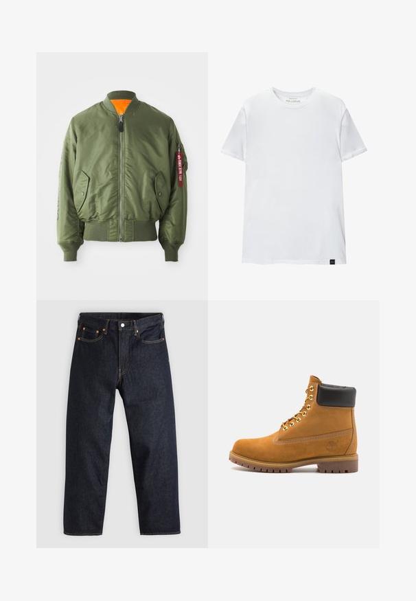 Olivovo zelená bomber bunda so zipsom vpredu, rebrovanými manžetami a spodným lemom, bočnými vreckami a oranžovým podšívkou. Obsahuje červený štítok na rukáve.; Biela tričko priliehajúceho strihu vyrobené z bavlny. Okrúhly výstrih, krátke rukávy, hladká textúra. Malá čierna nášivka s logom na lemovaní. Jednoduchý dizajn.; Tmavomodré džínsy s rovnými nohavicami, piatimi vreckami, kontrastným oranžovým prešívaním a gombíkovým zapínaním. Žiadne viditeľné vzory alebo ozdoby.; Tyrkysové semišové členkové topánky s čiernym polstrovaným golierom, zlatými kovovými očkami, bielym prešívaním a robustnou gumovou podrážkou s výraznými drážkami.