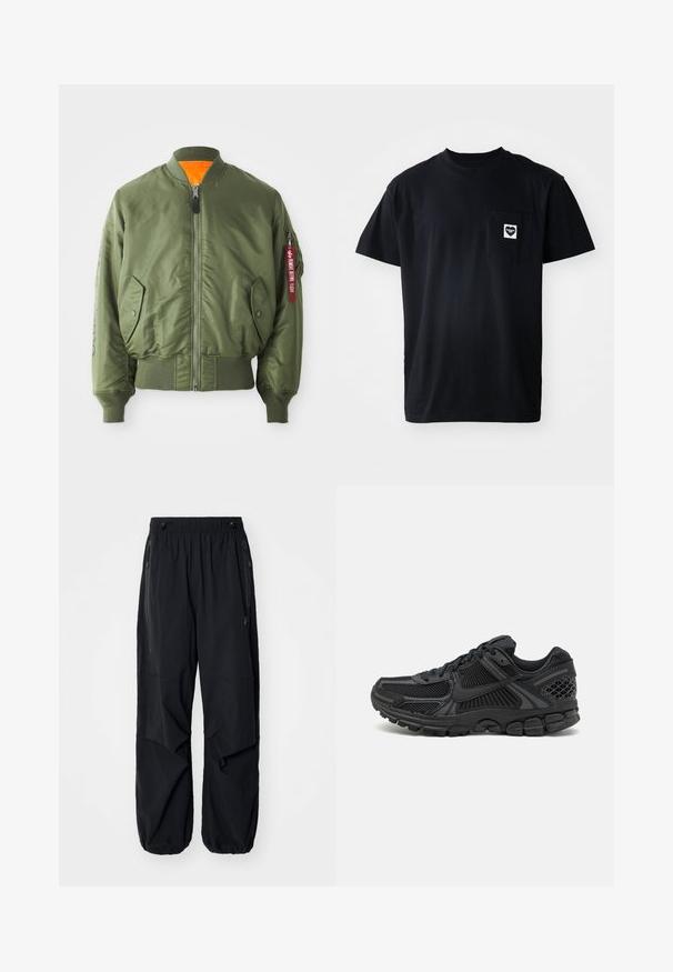 Oliven grøn bomberjakke med lynlås foran, ribbede manchetter og kant, sidelommer og orange foring. Har rød mærke detalje på ærmet.; Sort bomulds t-shirt med rund halsudskæring, korte ærmer og en lomme på venstre bryst med et hjerteformet logo i hvid.; Sorte letvægts cargo bukser med elastisk talje, sidelommer med lynlås og rummelige lommer. Har en løs pasform og tapered cuffs.; Sort atletisk sko med overdækning af mesh, gummisål og teksturerede detaljer. Designet inkluderer et markant snøresystem og polstret sål.
