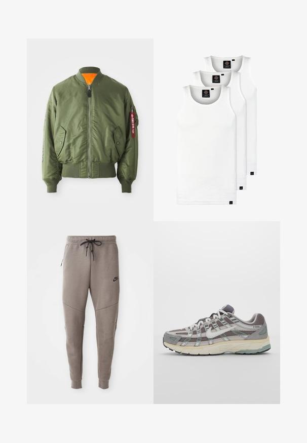 Oliven grønn bomberjakke med glidelås foran, ribbestrikkede mansjetter og hem, sidelommer og oransje fôr. Har rød merkelappdetalj på ermet.; Tre hvite ribbestrikkede tank topper laget av bomull. Har en rund hals og små svarte etiketter nær kanten. Tilgjengelig i flere størrelser.; Grå Nike joggebukser med snor i midjen, smale ben, sidelommer og distinkte sømdetaljer. Myk, teksturert stoff.; Grå treningssko med overdel i nett og semsket skinn, hvite detaljer, en polstret såle, og et særpreget design med reflekterende elementer.