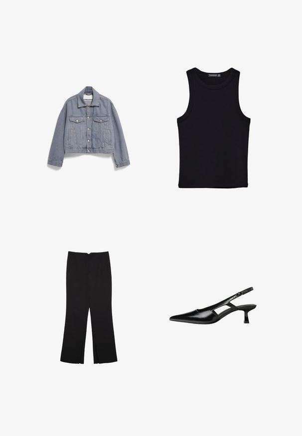 Hellblaues Denim-Jackett mit einem kurzen Design, spitzem Kragen, zwei Brusttaschen, Frontknöpfen und langen Ärmeln mit knöpfbaren Manschetten.; Schwarzes Tanktop aus Baumwolle mit rundem Halsausschnitt und weiten Armöffnungen. Glatte Textur mit genähten Säumen. Klassisches, minimalistisches Design.; Schwarze Hose mit geradem Schnitt, ausgestattet mit Fronttaschen und Seitenschlitzen am Saum. Hergestellt aus weichem, glattem Stoff. Geeignet für verschiedene Anlässe.; Schwarze Lackleder-Slingback-High Heels mit spitzer Zehenform, ausgeschnittenem Seitendesign und kleinem Blockabsatz. Glatte Textur mit minimalen Akzenten.