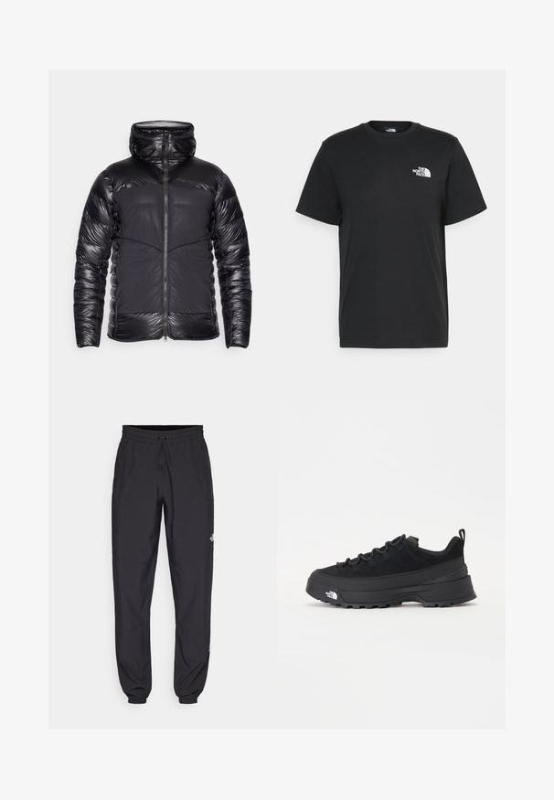 Černá pufovaná bunda s kapucí, lesklými prošívanými rukávy a horní částí hrudníku, matnými předními panely a centrálním zipem.; Černé bavlněné tričko s krátkými rukávy, kulatým výstřihem a malým bílým logem na levém hrudníku. Jednoduchý design, hladká textura a uvolněný střih.; Černé sportovní kalhoty vyrobené z lehké tkaniny, s páskem na šňůrku, bočními kapsami a zúženými manžetami na kotnících.; Černé venkovní tenisky s horní částí ze semiše, texturovanou gumovou podrážkou a pevným šněrováním. Obsahují zesílenou patu a logo značky na boku.