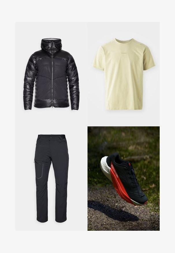 Sort hættetrøje med puffersyning, glinsende quiltede ærmer og øvre bryst, matte forpaneler og central lynlåsåbning.; Salomon TRACKLINE TEE - Sports T-shirts - gray green; Svarte udendørs bukser med en lynlåslomme på låret, elastisk talje og glat, vandafvisende stof. Rent design uden synlige logoer.; Sort løbesko med røde accenter, letvægts mesh-overdel, tekstureret hvid sål og snøresystem. Designet til præstation og komfort.