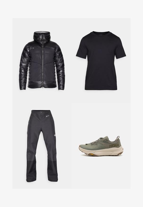 Μαύρο puffer μπουφάν με κουκούλα, γυαλιστερά καπιτονέ μανίκια και πάνω μέρος του στήθους, ματ μπροστινές πάνελ και κεντρικό φερμουάρ.; Μαύρο T-shirt κατασκευασμένο από απαλή ύφανση, με στρογγυλή λαιμόκοψη και κοντά μανίκια. Διακριτική εκτύπωση λογότυπου σε μαύρο χρώμα στο στήθος.; Μαύρα αδιάβροχα παντελόνια με απλή υφή, που διαθέτουν λογότυπο GORE-TEX στο μπροστινό μέρος και ενισχυμένα κάτω μέρη για αυξημένη αντοχή.; Πράσινο τρέξιμο Hoka με επάνω μέρος Gore-Tex, υφασμάτινες λεπτομέρειες, ελαστικά κορδόνια και χοντρή μπεζ σόλα με λογότυπο Vibram.