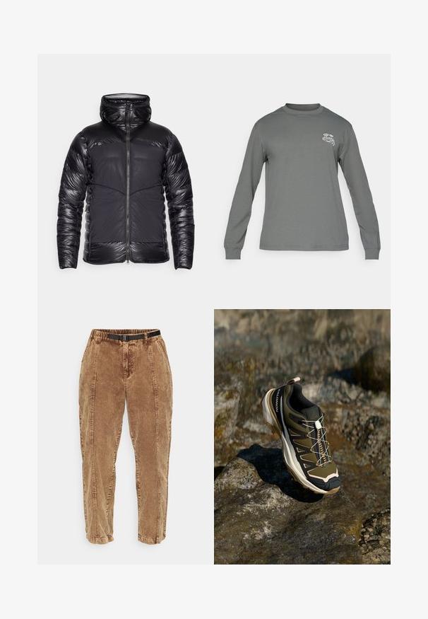 Black hooded puffer jacket with shiny quilted arms and upper chest, matte front panels, and central zipper closure.; Long-sleeve shirt in gray fabric, featuring a crew neck and a white graphic logo on the left chest. Smooth texture and simple design.; Brown corduroy pants with a textured surface, featuring a black adjustable belt, side pockets, and a relaxed fit. Pants taper toward the ankles.; Hiking shoe in olive green and black with pink accents. Features a textured upper, flexible sole, reinforced toe cap, and colorful lacing system.