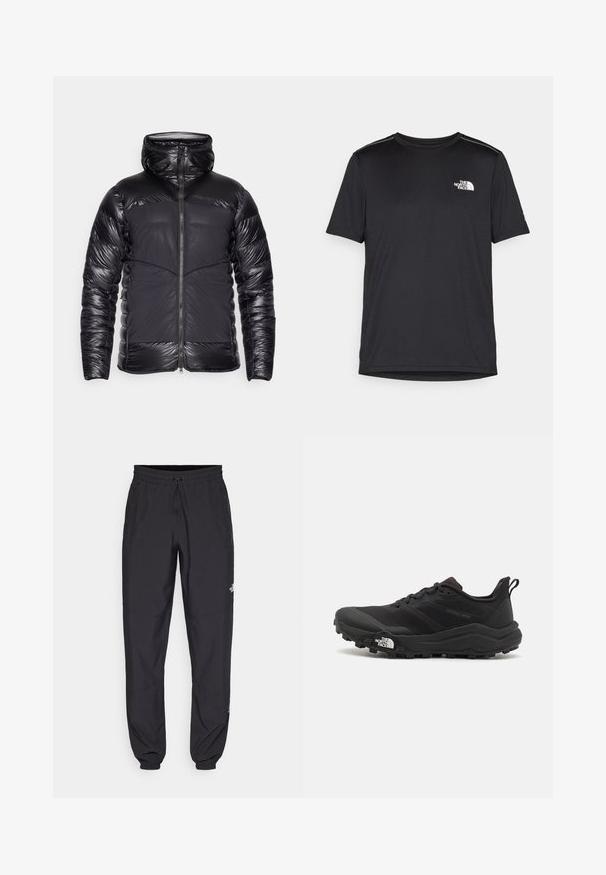 Chaleco acolchado negro con capucha, con mangas y parte superior del pecho satinadas, paneles frontales mate y cierre central de cremallera.; Camiseta negra de manga corta hecha de tejido ligero. Presenta un pequeño logo blanco en el lado izquierdo del pecho y sutiles acentos en los hombros.; Pantalones deportivos negros hechos de un tejido ligero, con una cinturilla ajustable, bolsillos laterales y puños ajustados en los tobillos.; Zapatilla de trail running negra con upper texturizado, suela de goma y puntera reforzada. Presenta un collar acolchado y una lengüeta para poner y quitar fácilmente.