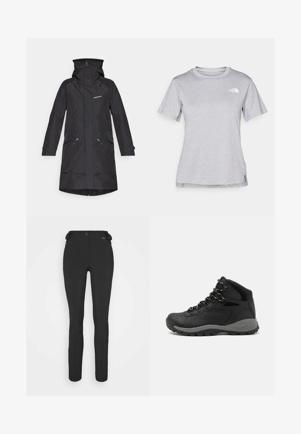 Manteau noir imperméable avec capuche, deux poches latérales zippées et poignets élastiques. Présente un design minimaliste et le logo de la marque sur la poitrine.; T-shirt gris à manches courtes fabriqué en tissu doux et évacuant l'humidité. Il présente un col rond et un petit logo blanc en haut à gauche.; Pantalons noirs ajustés en matériau flexible. Les caractéristiques comprennent une poche latérale zippée, des genoux articulés et une texture lisse.; Botte de randonnée noire au design mi-haut, avec un dessus texturé, des accents gris et une semelle en caoutchouc durable avec des crampons de traction.