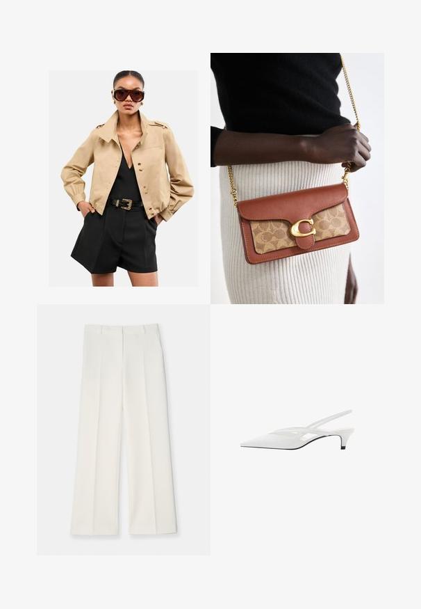 Beige cropped jack met gouden knopen, gecombineerd met een zwarte diepe V-hals top en op maat gemaakte zwarte shorts. Een zwarte getextureerde riem accentueert de outfit.; Zwarte katoen stof met een soepele textuur en een ronde halslijn, met een subtiele, gelijkmatige nerfpatroon. Geen zichtbare logo's of accenten.; Wijd geplooide broek van licht crèmekleurige stof, met een gladde textuur, voorkeursplooien en twee zijkanten. Op maat gemaakte tailleband.; Witte slingback hak met spitse neus, voorzien van een gladde bovenkant, subtiele uitsparingen en een lage blokhak. Zwarte zool accentueert het ontwerp.; Bruin leren en tan monogram schoudertas met een gouden C-vormige sluiting en kettingriem, met een soepele textuur en gestructureerde vorm.