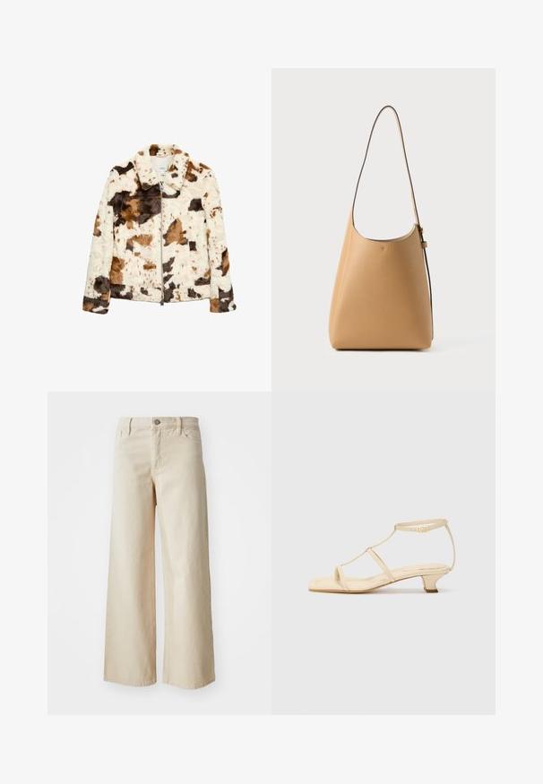 Chaqueta de piel sintética con un patrón de manchas de vaca en crema, marrón y negro. Cuenta con un collar con muesca y cierre frontal de cremallera.; Camiseta sin mangas de rayas blancas con un logotipo negro bordado centrado en el pecho. El escote y las sisas están terminados con un sutil ribete.; Jeans de pierna ancha beige hechos de denim, con una cintura alta, cierre de botón, trabillas para cinturón y bolsillos laterales. Textura suave y corte relajado.; Sandalias de tacón en color beige con diseño de tira en T, puntera cuadrada, correa ajustable en el tobillo y un tacón bajo y cuadrado. Material de cuero suave.; Bolso de hombro de cuero en un tono marrón claro con una textura suave, diseño minimalista, una única correa curvada y detalles de hardware sutiles.