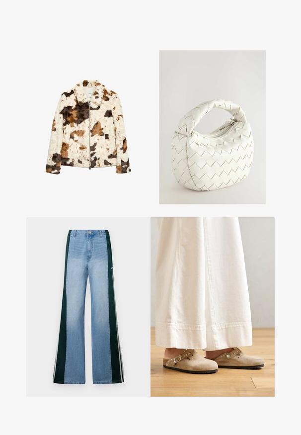 Faux fur jakke med et cowprint mønster i creme, brunt og sort. Har en fast krave og frontlynlås.; Hvid kortærmet t-shirt lavet af bomuld. Har en rund halsudskæring og en afslappet pasform. Glat tekstur uden synlige mønstre eller detaljer.; Lysblå vidde jeans med mørkegrønne sidepaneler og hvide striber, med frontknap og lynlås lukning.; Beige ruskinds clogs med en spænde og nikkede accenter, iført med hvide brede bukser, sat på et trægulv.; Hvid flettet håndtaske med et rundt håndtag, der har en lynlåslukning og en polstret tekstur. Glat finish og geometrisk mønster på overfladen.