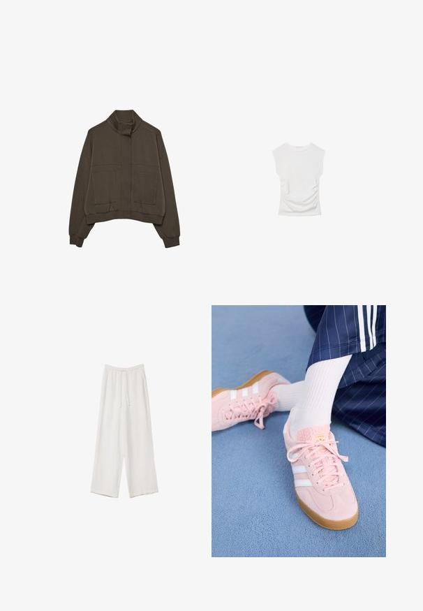 Mørkebrunt cropped jakke med høj krave, lynlåslukning foran dækket af en flap, to store forreste brystlommer og ribbede manchetter.; Hvid kortærmet top med rund halsudskæring. Har samlet tekstur langs siderne og en tilpasset silhuet, lavet af blødt, strækbart materiale.; Hvide bukser med bred benlængde lavet af et letvægtsstof. Har et elastisk talje med snor og sidelommer. Glat tekstur.; Lyserøde ruskinds sneakers med hvide striber og snørebånd, udstyret med en struktureret tunge og en gummisål, placeret på et blåt tæppe.