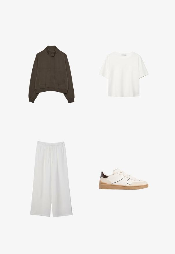 Tmavo hnedá skrátená bunda s vysokým golierom, predným zipsom zakrytým klopou, dvoma veľkými prednými vreckami s nášivkou a rebrovanými manžetami.; Biela krátkopsová tričko vyrobené z bavlny. Má okrúhly výstrih a voľný strih. Hladká textúra bez viditeľných vzorov alebo akcentov.; Biele široké nohavice z ľahkého materiálu s elastickým pásom a šnúrkou na nastavenie veľkosti. Hladká textúra.; Stradivarius Tenisky - white