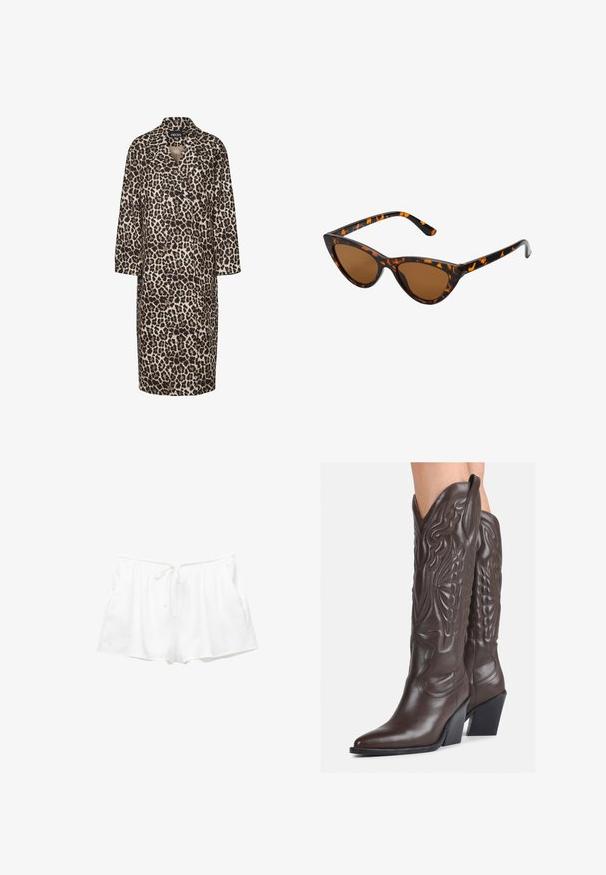 Tiermuster langer Mantel mit Leopardenmuster in Braun und Beige, mit Kragen, Knopfverschluss und langen Ärmeln.; Weißes ärmelloses Tanktop aus geripptem Stoff, mit rundem Ausschnitt und figurbetonter Silhouette, minimalen Nähten und ohne Verzierungen.; Weiße Baumwollshorts mit einem elastischen Bund, verstellbarem Kordelzug und Seitentaschen. Weicher Stoff und schlichtes Design mit lockerer Passform.; Braune Leder-Cowboy-Stiefel mit spitzem Punkt und Blockabsatz, die über detaillierte Stickereien und hervorgehobene Akzente am Schaft verfügen.; Katzenaugen-Sonnenbrille mit einem schwarz-orangenen Schildpattrahmen, braunen Gläsern und schlanken, spitzen Enden. Verfügt über ein minimalistisches Logo am Bügel.; Kleine cremefarbene Handtasche mit strukturiertem Finish, einem langen verstellbaren Tragegurt, einem Kettenakzent und einem Klappenverschluss. Goldene Hardware-Details.