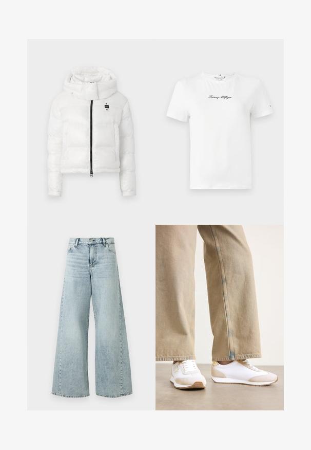 White puffer jacket with a high collar, front zip closure, and two front pockets. Features a cropped design and subtle sheen.; White cotton T-shirt featuring short sleeves and a crew neckline. Centered black embroidered "Tommy Hilfiger" logo on the chest.; Light blue denim wide-leg jeans with a high waist, featuring a button closure, five pockets, and frayed hem details.; White sneakers featuring a beige suede accent, flat lace closure, and rubber outsole, paired with light beige straight-leg jeans.