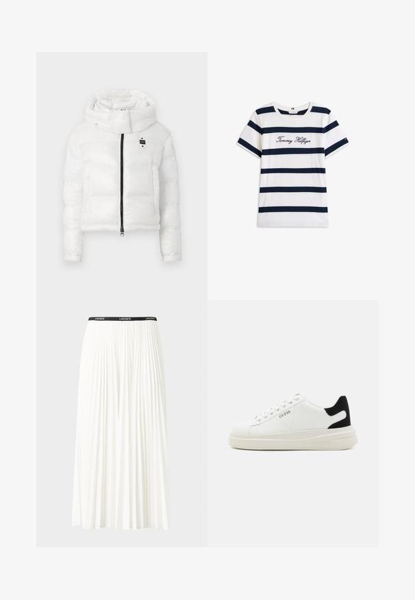Hvid pufferjakke med høj krave, frontlynlås og to forlommer. Har et cropped design og en subtil glans.; T-shirt i bomuld med vandrette marineblå striber på en hvid baggrund. "Tommy Hilfiger" broderet i kursiv på brystet. Rund hals.; Plisseret hvid nederdel med en sort elastisk talje, der har "LACOSTE"-logoet. Mellemlang design med blød tekstur.; Hvide lædersneakers med en tyk hvid sål, sort ruskindhælvægt og prægede logoer på siden. Snørebåndsdesign med seks øjer.