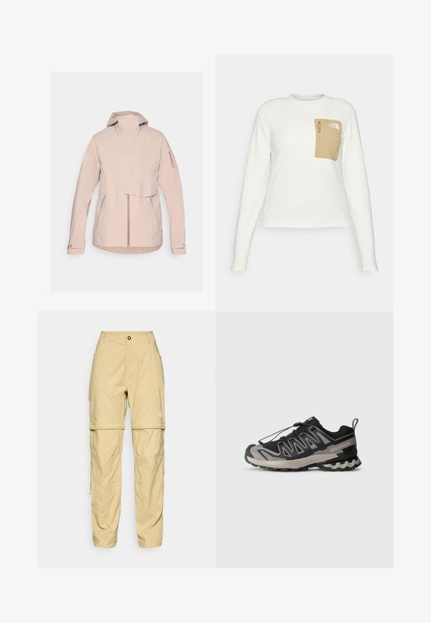Salomon OUTERPATH PRO - Vodotěsná bunda - etherea; Bílá košile s dlouhým rukávem vyrobená z texturované látky, s béžovou náprsní kapsou, která má šňůrku a logo.; Beige cargo kalhoty vyrobené z lehkého materiálu, s bočními zipy, zapínáním na knoflík a logem na pravém stehně.; Černá a šedá sportovní obuv s síťovaným svrchem, gumovou podrážkou a elastickým šněrovacím systémem. Obsahuje zesílenou špičku a texturované akcenty.