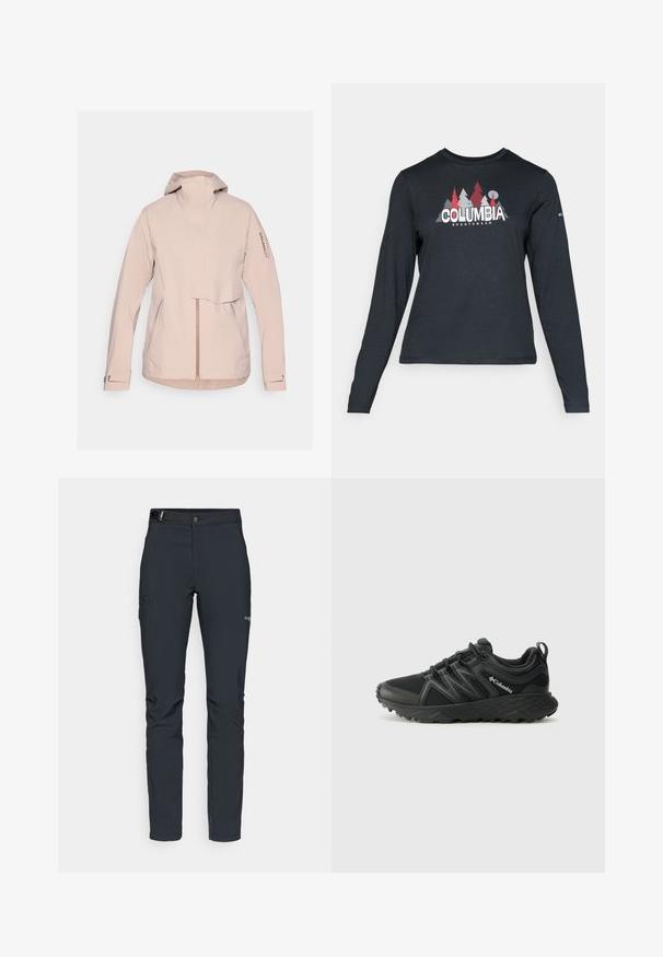 Salomon OUTERPATH PRO - Jachetă impermeabilă - etherea; Cămașă cu mâneci lungi de culoare gri închis, cu un grafic de copaci roșii și munți; logo-ul "COLUMBIA" în text alb îngroșat. Material moale, guler standard de tip crew.; Pantaloni de exterior pentru bărbați, gri închis, fabricați dintr-un material flexibil, cu un brâu, buzunare cu fermoar și cusături consolidate.; Columbia PEAKFREAK - Pantofi drumeție - black