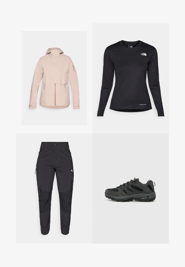 Salomon OUTERPATH PRO - Regenjacke / wasserabweisende Jacke - etherea; The North Face SHADOW LONG SLEEVE - Langarmshirt - black; Schwarze Outdoor-Hosen aus strapazierfähigem Material. Verfügen über Reißverschlusstaschen, verstärkte Knieeinsätze und ein gerades Design für Beweglichkeit.; Columbia REDMOND - Hikingschuh - black/citron haze