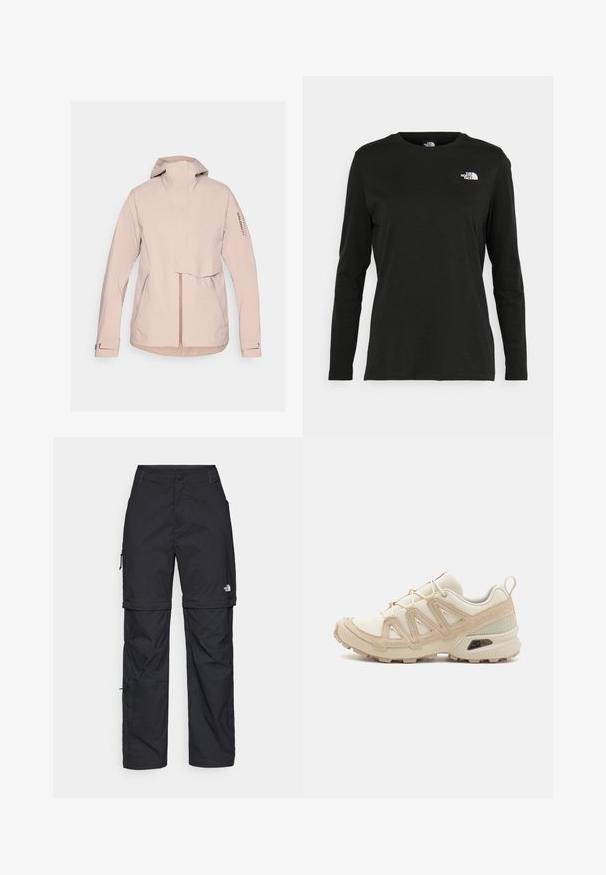 Salomon OUTERPATH PRO  - Veste imperméable - etherea; T-shirt noir à manches longues en coton avec un col rond. Présente un petit logo blanc sur la partie gauche de la poitrine. Design et coupe simples.; Pantalons cargo en nylon noir, à zip amovible, avec chevilles ajustables, plusieurs poches et un logo sur la jambe droite. Texture lisse et légère.; Baskets de sport beiges et crème avec une tige en mesh texturé, des superpositions de soutien et une semelle en caoutchouc dotée d'un motif de crampons pour une traction.