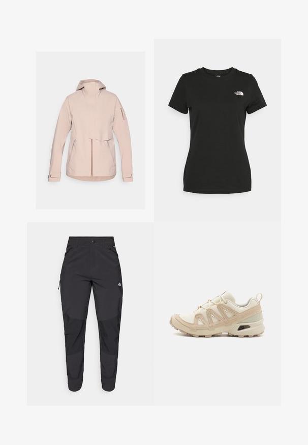 Salomon OUTERPATH PRO  - Veste imperméable - etherea; T-shirt en coton noir avec un col rond et des manches courtes. Logo blanc notable sur le côté supérieur gauche. Texture lisse, coupe décontractée.; Pantalons noirs d'extérieur en tissu durable. Dotés de poches zippées, de panneaux de genoux renforcés et d'une coupe droite pour une meilleure mobilité.; Baskets de sport beiges et crème avec une tige en mesh texturé, des superpositions de soutien et une semelle en caoutchouc dotée d'un motif de crampons pour une traction.