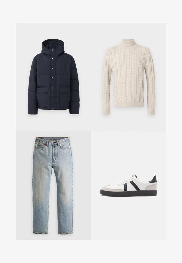 Tumesinise värviga soojak, millel on kapuuts, nööbid, kaks esikot ja õmmeldud paneelid isolatsiooniks. Sile tekstuur, soe disain.; Beige, kootud sviiter kõrge soonikuline kaelus. Omab tekstuuriga nöörmustrit ning soonikuid varrukaid ja alumist äärt, pakkudes hubast välimust.; Heledad hele sinine teksapükste kõrge vöökoht, ees nupuga, lukuga ja viie taskuga disain, asetatud tasasele neutraalsele taustale.; Valged tossud mustade ja hallide aktsentidega, tekstureeritud halli varbakattega, musta kummitald ja lamedad valged paelad. Puhtad jooned, minimalistlik stiil.