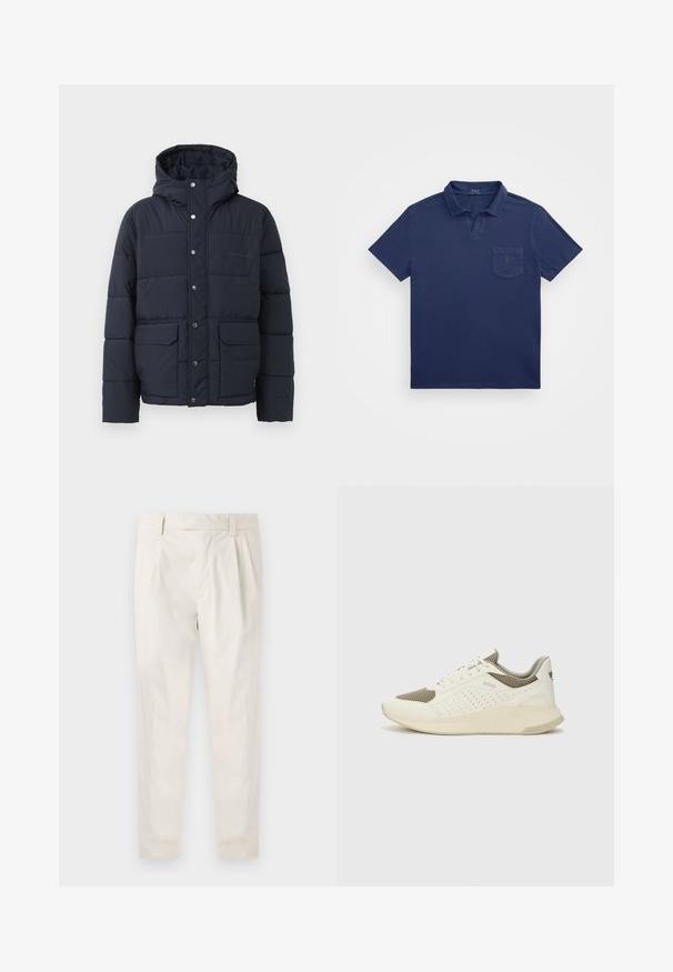 Jachetă puffer navy cu glugă, dotată cu butoane tip snap, două buzunare frontale și panouri cusute pentru izolație. Textură netedă, design călduros.; Poncho de culoare bleumarin, cu guler scurt, o ușa pentru piept și un logo brodat. Fabricat dintr-un material moale, texturat.; Pantaloni albi plisati, cu o croială ajustată, având o textură netedă, bucle pentru curea și picioare conice. Fără buzunare vizibile sau modele.; Tenis sportivi alb și bej deschis, cu un înveliș din plasă, detalii perforate și o talpă intermediară texturată, având marcaj pe călcâi.