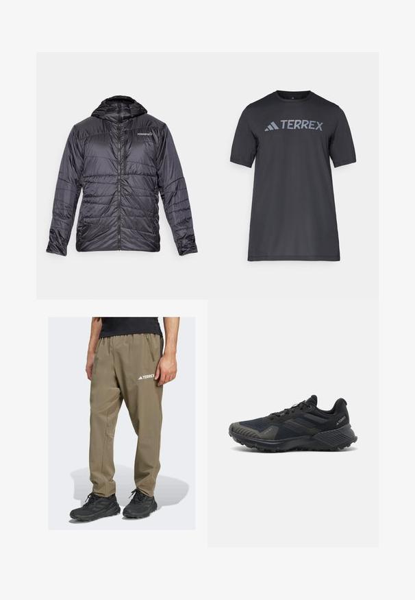 Norrøna FALKETIND THERMO40 HOOD - Giacca invernale - caviar; T-shirt nero a maniche corte realizzato in tessuto leggero, con il logo "TERREX" grigio chiaro sul petto e colletto tondo.; Pantaloni da trekking leggeri color khaki del marchio Terrex con vita elasticizzata, tasca laterale e dettaglio logo. Realizzati in tessuto resistente e traspirante.; Scarpe da ginnastica nere con una parte superiore in mesh testurizzato, suola in gomma e notevoli accenti grigi sulla punta e sui fianchi. Design del tallone rinforzato.