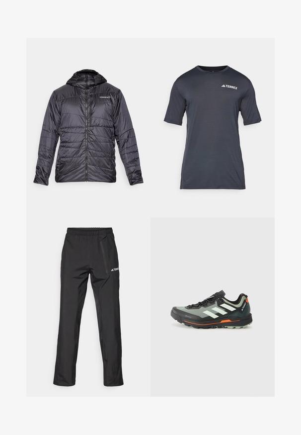 Norrøna FALKETIND THERMO40 HOOD - Zimska jakna - caviar; Temno siva majica s kratkimi rokavi, izdelana iz lahkotnega in zračnega materiala. Ima okrogel ovratnik in bel logotip "TERREX" spredaj.; Črne lahke pohodne hlače z elastičnim pasom, žepki z zadrgo in natisnjenim logotipom. Gladek tekstura in ravno krojene hlače.; Lahka tekaška čevlja za trail s sivim in črnim mrežastim zgornjim delom, oranžnimi poudarki in robustnim podplatom za oprijem. Vodoodporna Gore-Tex podloga.