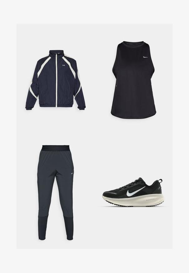 Marineblaue Windbreaker-Jacke mit weißen diagonalen Streifen, hohem Kragen, durchgehendem Reißverschluss, elastischen Bündchen und Saum. Under Armour-Logo auf der Brust.; Schwarzes ärmelloses Lauf-Tanktop aus leichtem Material mit Rundhalsausschnitt; verfügt über ein dezentes Logo und Seitenschlitze für Atmungsaktivität.; Dunkle graue Nike Sporthosen mit einem schmal zulaufenden Bein-Design, elastischem Bund und Akzentdetails in der Nähe der Bündchen.; Schwarzer Nike-Laufschuh mit atmungsaktivem Mesh-Obermaterial, weißem Swoosh-Logo, strukturierten Details und einer cremefarbenen ZoomX-Zwischensohle.