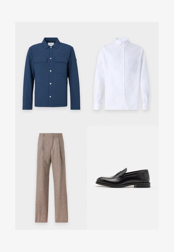 Mornarsko modra jakna iz teksturirane tkanine z gumbom spredaj, dvema prsoma žepoma in ovratnikom. Ima srebrne press gumbke.; Bela dolgo rukava srajca s kragnico, izdelana iz bombaža, z žepom na prsih in toniranimi vezeninami ter gumbi na manšetah.; Rjave hlače z visokim pasom, izdelane iz teksturirane tkanine. Imajo široke noge in dve sprednji pregibi za strukturo. Urejen zaključek brez vidne strojne opreme.; Črne usnjene loafer čevlje z gladko teksturo, zaobljenim nosom in dekorativnim trakom čez zgornji del. Nizka zložena peta, minimalističen dizajn.