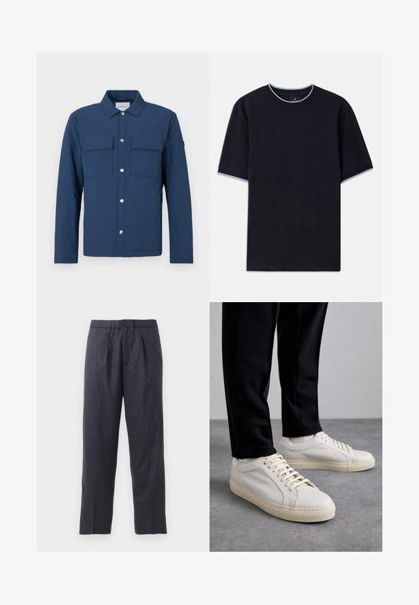 Tumesinine jaka, mis on valmistatud tekstureeritud kangast, nööbiga esiosaga, kahe rinna tasku ja kraega. Sisaldab hõbedasi press-nööpe.; Tume sinine lühikese varrukaga t-särk ümmarguse kaelusega, millel on helesinised aktsendid kaeluse ja varrukate ümber. Valmistatud pehmest puuvillast kangast.; Tumed sinised püksid pehmest kangast, mille esiosal on volditud disain ja elastne vöökoht. Varustatud nupuga sulgemisega ja sirge lõikega.; Kergedbežsest nahkkingad lamepaeltega, reljeefse pinnaga ja kontrastse kreemivärvi kummitallaga, kombineeritud mustade kitsaste pükstega.