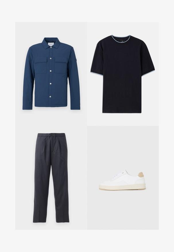 Tumesinine jaka, mis on valmistatud tekstureeritud kangast, nööbiga esiosaga, kahe rinna tasku ja kraega. Sisaldab hõbedasi press-nööpe.; Tume sinine lühikese varrukaga t-särk ümmarguse kaelusega, millel on helesinised aktsendid kaeluse ja varrukate ümber. Valmistatud pehmest puuvillast kangast.; Tumed sinised püksid pehmest kangast, mille esiosal on volditud disain ja elastne vöökoht. Varustatud nupuga sulgemisega ja sirge lõikega.; Valged madala varsaga tennisetooted, mille pealmine on tekstuuriga nahast, kreemja soonikuga tald ja pruuni tooni kand. Omab valgeid paelu ja logodetaile kanna peal.