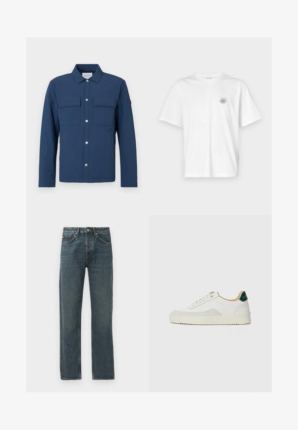 Marineblauwe jas van gestructureerde stof met een knoopsluiting aan de voorkant, twee borstzakken en een kraag. Voorzien van zilveren drukknopen.; Witte t-shirt van katoen met korte mouwen, een ronde hals, en een klein grijs logo op de linker borstzijde. Soepele textuur.; Donkerblauwe denim jeans met een rechte pijp, voorzien van vijf zakken, een knoopsluiting en contrasterende stiksels.; Witte sneaker met suède accenten, ronde neus, platte veters en een crème rubberen zool. Bevat groene branding op de hiel.