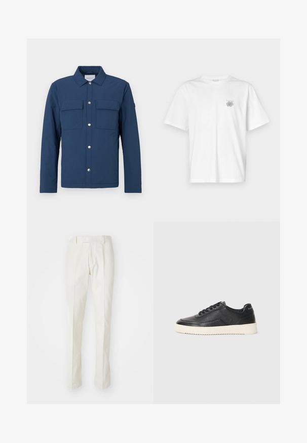 Tamsiai mėlyna striukė, pagaminta iš tekstūruotos medžiagos, su mygtukų užsegimu, dviem krūtinės kišenėmis ir apykakle. Su sidabriniais snap mygtukais.; Balta medvilninė marškinėlių, su trumpomis rankovėmis, apykaklė nei per aukšta, nei per žema, ir mažas pilkas logotipas kairėje krūtinės pusėje. Lygi tekstūra.; Balti medvilniniai kelnių modeliai, tiesaus silueto, lygia priekyje, be matomų raštų ar detalių. Lygus paviršius.; Juoda odinė sportinė avalynė su tekstūruotu paviršiumi, apvaliu nosiu ir plokščiu baltu guminiu padu. Yra juodi raišteliai ir ženklinimas ant kulno.