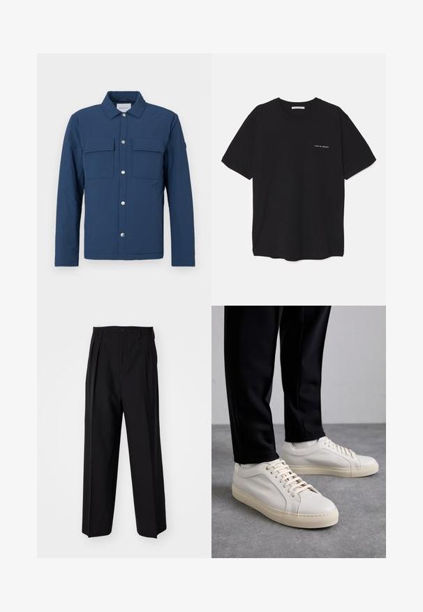 Námořnická modrá bunda vyrobená z texturované látky s předním zapínáním na knoflíky, dvěma náprsními kapsami a límcem. Obsahuje stříbrné patentky.; Černé bavlněné tričko s kulatým výstřihem, krátkými rukávy a bílým logem potisknutým na levé straně hrudi. Jednoduchý, jednobarevný design.; Černé skládací kalhoty s rovnými, širokými nohavicemi. Vyrobené z hladké tkaniny, se zapínáním na knoflík a poutky na opasek.; Světlé béžové kožené tenisky s plochými tkaničkami, texturovaným povrchem a kontrastní krémovou gumovou podrážkou, spárované s černými zúženými kalhotami.