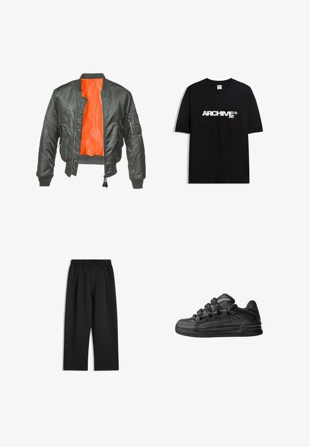 Giacca bomber verde oliva con zip frontale, polsini a costine e fodera in nylon arancione. Presenta una tasca laterale con zip.; T-shirt in cotone nero con il logo bianco "ARCHIVE inc." stampato sul petto, maniche corte e colletto a girocollo.; Pantaloni neri a gamba larga con fascia elastica in vita e tasche laterali, mostrati distesi su uno sfondo bianco.; Sneaker nere con una toma in pelle liscia, dettagli testurizzati e lacci tondi neri e bianchi. Suola spessa in gomma con battistrada gommato.