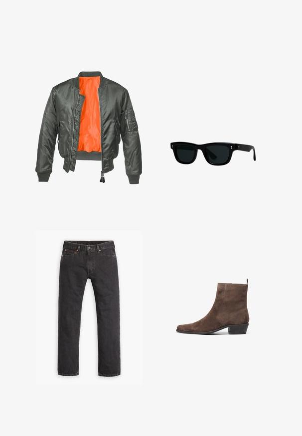Olive green bomber jacket with a zip front, ribbed cuffs, and an orange nylon lining. Features a side pocket with a zipper.; Black cotton t-shirt with short sleeves, round neck, and a relaxed fit. Smooth texture and minimalistic design, no patterns or accents.; Black straight-leg denim jeans with five pockets, button closure, and copper rivets laid flat on a white background.; Brown suede ankle boot with a pointed toe, low block heel, and a pull loop at the back for easy wear. Smooth texture and simple design.; Black sunglasses with square frames, dark lenses, and smooth plastic material. Features small, round accents on the front and slender arms.