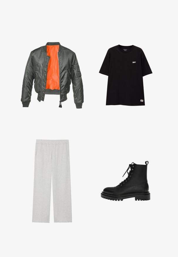 Olivno zelena bomber jakna z zadrgo spredaj, rebrastimi manšetami in oranžno najlonsko podlogo. Ima stranske žep z zadrgo.; Črna splošno prilegajoča majica iz bombaža s kratkimi rokavi. Ima majhen bel logo na prsih in nalepko na spodnjem robu.; Svetlo sivi, široki trenirke izdelani iz mehkega materiala. Imajo elastiko v pasu in stranske žepe. Gladka tekstura z urejenim dizajnom.; Črne usnjene gležnjarje z zaobljenim nosom, vezalnim sprednjim delom, kovinskimi luknjicami in grobim, teksturiranim gumijastim podplatom.