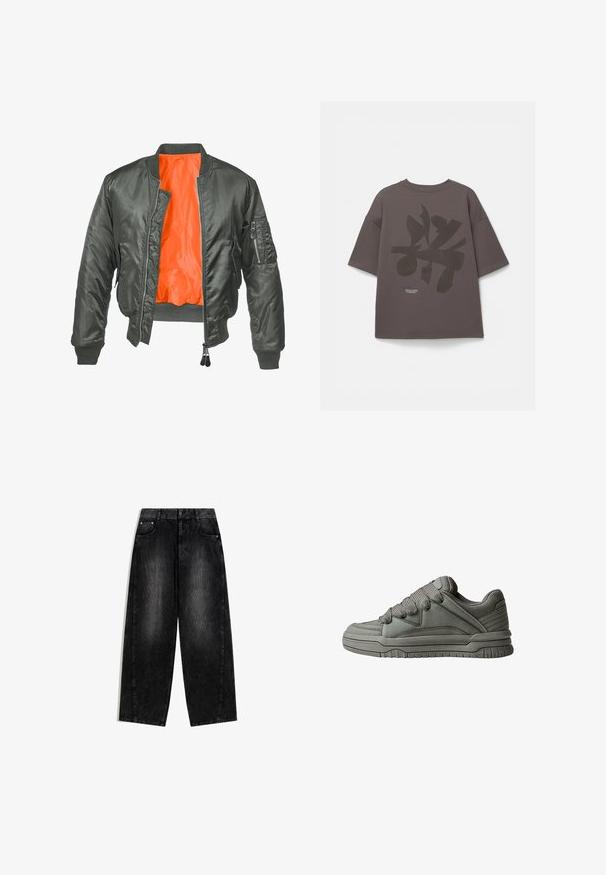 Zielona oliwkowa bomberka z zamkiem z przodu, ściągaczami przy mankietach i pomarańczową nylonową podszewką. Posiada boczną kieszeń na zamek.; Szara, oversize koszulka z krótkim rękawem, z dużym, ciemnym nadrukiem na plecach oraz małym detalem tekstowym blisko dolnej krawędzi.; Czarne dżinsy o szerokich nogawkach, wykonane z denimu, z wyblakłą teksturą, przednimi kieszeniami i srebrnymi elementami metalowymi. Klasyczne zapięcie na guzik w talii.; Szare buty sportowe z teksturowanej skóry i siateczki, gruba gumowa podeszwa oraz wyraźnie wyściełany język i boki. Zawierają sznurowadła i akcenty po bokach.