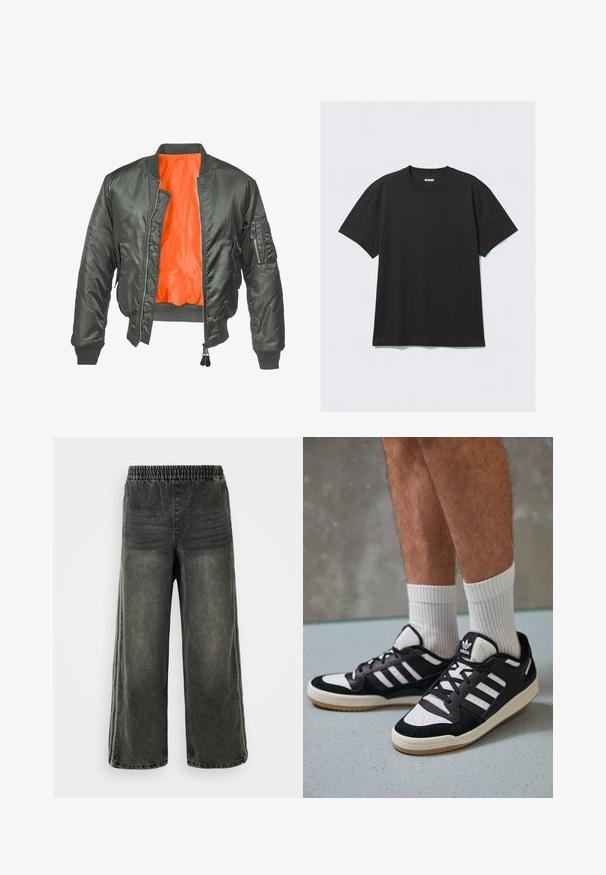 Olive roheline bomber-jakk, millel on ees lukk, soonikkoesed ja oranž nailonvooder. Omab küljetaskut, millel on lukk.; Must sõnumit särk lühikeste varrukate ja puuvillase kangaga. Omab ümarat kaelust ja lõdva istuvust. Lihtne disain, ilma mustrite või aktsentideta.; Mustmust värvi denim püksid elastse vöökoha ja laiade jalgadega, millel on külgedel peened vertikaalsed õmblusdetailid.; Mustvalged ja valged spordijalatsid, mille pealmine osa on valmistatud suede'ist ja nahast. Kingadel on kolm valget riba, auguline varvas ja kummist tald.