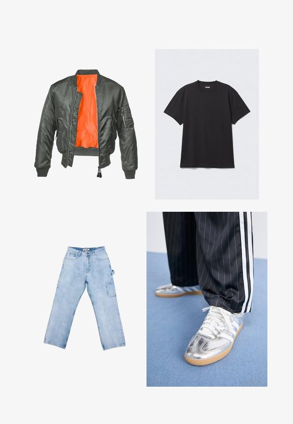 Olīvu zaļš bomber jaka ar rāvējslēdzēju priekšā, ribotām aprocēm un oranžu neilona oderi. Ietver sānu kabatu ar rāvējslēdzēju.; Melnas īsām piedurknēm t-krekls, kas izgatavots no kokvilnas. Tam ir apaļa kakla izgriezne un brīva piegriezuma siluets. Vienkāršs dizains bez rakstiem vai akcentiem.; Gaiši zila denim stila cargo bikses ar brīvu griezumu, ar priekšējo kabatu un sānu utilitātes kabatu, ar šuvju detaļām un taisna kāju dizainu.; Metāliski sudraba sporta apavi ar baltām auklām un trim baltām svītrām, savienoti ar melnām svītrainām biksēm. Gumijas zole apakšā.