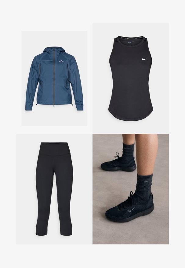 Veste imperméable bleue avec capuche, dotée d'une fermeture éclair sur le devant, de deux poches latérales, d'une poche poitrine et d'un logo de montagne sur le haut à gauche.; Débardeur de sport noir en matériau anti-humidité. Il présente un col rond, une coupe slim et un logo Nike blanc sur la poitrine.; Leggings noirs coupés en tissu extensible, avec une taille haute et une texture lisse, sans motifs ni éléments visibles.; Baskets Nike noires avec un dessus en tricot texturé, présentant un logo swoosh gris, accompagnées de chaussettes côtelées foncées. Semelle en caoutchouc plate.
