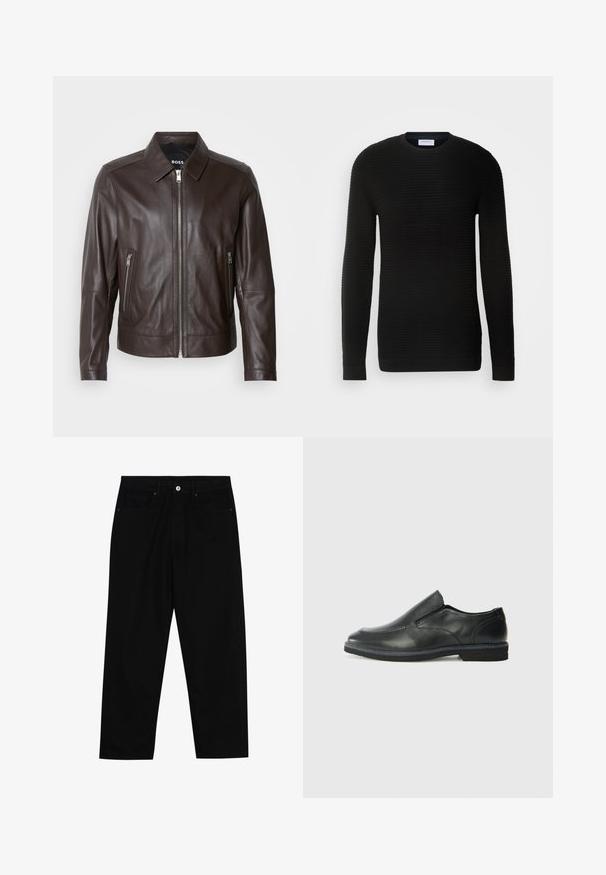 Veste en cuir marron avec une texture lisse, un col, une fermeture éclair à l'avant, et deux poches latérales zippées. Couture accentuée visible.; Pull noir à manches longues avec une texture côtelée, col rond et poignets ajustés. Fabriqué dans un matériau doux et extensible.; Pantalons en denim noir avec une coupe droite, un design à cinq poches et une fermeture à bouton à l'avant. Texture lisse avec des détails de couture minimaux.; Chaussure slip-on en cuir noir avec une tige lisse, des accents cousus, un bout arrondi et un petit talon en caoutchouc. La semelle présente un profil de traction minimal.