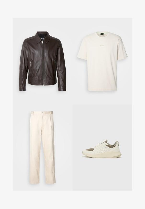 Jaqueta de couro castanho com uma textura suave, colarinho, fecho frontal com zíper e dois bolsos laterais com zíper. Costura de destaque visível.; BOSS TEE - T-shirt básica - open white; Calças de algodão bege com corte reto, apresentando um fecho de botão e pregas na frente para um detalhe adicional.; Sapatilha atlética branca e bege claro, com parte superior em malha, detalhes perfurados e uma entressola texturizada com marcação no calcanhar.