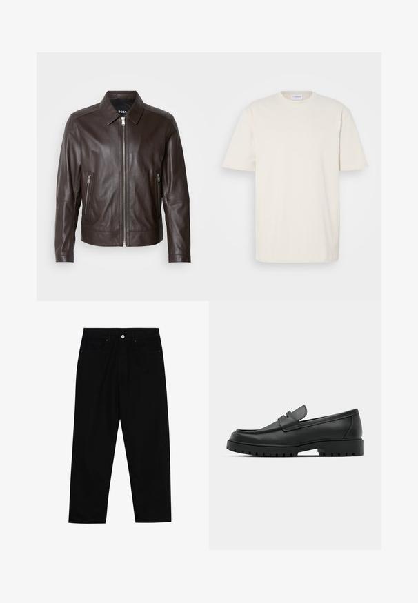 Rjava usnjena jakna z gladko teksturo, ovratnikom, zadrgo spredaj in dvema stranskima žepoma z zadrgo. Vidne dekorativne šive.; Polo majica s kratkimi rokavi v off-white barvi, izdelana iz bombaža. Klasičen kroj s krožnim ovratnikom in ravnim rezom ter minimalnimi šivi.; Črne denim hlače z ravnim krojem, petimi žepi in sprednjim gumbom. Gladka tekstura z minimalnimi šivi.; Črne usnjene loafers čevlje z zaobljenim nosom, ki imajo šivano zasnovo, nizko platformo in teksturiran, profiliran gumijast podplat.