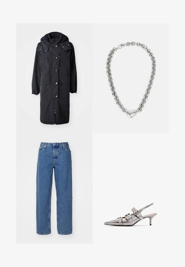 Musthave mustam parka, millel on kapuuts, nööpide sulgemisega, kaks eesmist taskut, elastsed mansetid ja alumine lukuga sulgus.; Heledat roosa puuvillane t-särk ümmarguse kaelusega, millel on hõbedane tikandiga "Calvin Klein" logo ja diskreetne "CK" kujundus rinnal.; Heledad sinine teksad, kõrge vöökohaga, sirge jala disainiga, viie taskuga stiil ja veidi pleekinud tekstuur. Nööp ja rihm sulgemiseks.; Metallise hõbedane slingback konts, millel on terav nina, kolmes laiast rihmast ja ruudukujulistest metallist pandlatest. Läikiv pind ja õhuke konts.; Hõbedane kettkaelakee, millel on omavahel ühendatud ümmargused lingid ja poleeritud südamekujulise aktsendi keskel. Kinnituseks on kaasas kindel klamber.