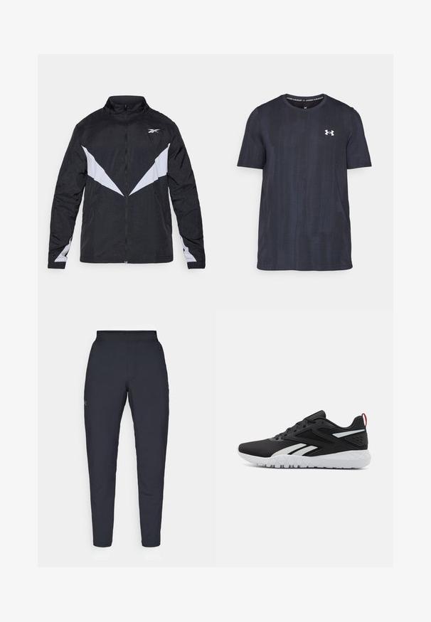 Casaco preto e cinza com fecho zip, apresentando um colarinho alto, um design de bloco de cores diagonal e punhos elásticos. Feito de material leve e texturizado.; T-shirt de manga curta em azul marinho escuro, feito de um tecido respirável, com um padrão texturizado e um logótipo branco da Under Armour no peito.; Calças de desporto negras com uma textura suave, corte justo, cintura elástica e bolsos laterais. Apresenta um pequeno logótipo na coxa esquerda.; Roupas de atletismo pretas com um acabamento em rede, detalhes em branco, sola texturizada e uma aba no calcanhar vermelha para um toque adicional.