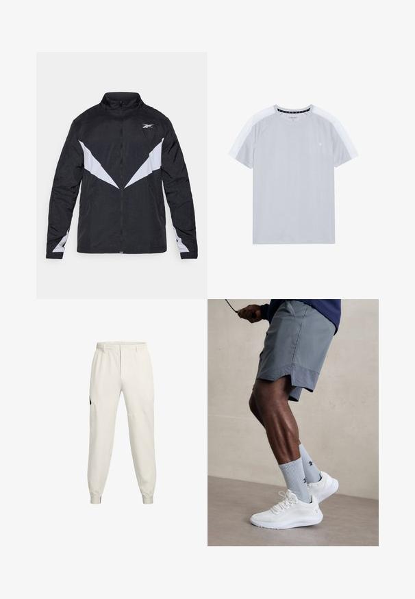 Black and gray zip-up jacket featuring a high collar, diagonal color-blocked design, and elastic cuffs. Made from lightweight, textured material.; Light gray T-shirt with short sleeves, featuring a ribbed crew neck, side panels in a slightly lighter shade, and a subtle logo on the chest.; Light beige jogger pants with an elastic waistband, side pockets, and ribbed cuffs; feature a black logo accent on the left hip.; White athletic shoes with textured mesh upper, paired with light blue ribbed socks featuring a logo. Grey athletic shorts with perforated trim.