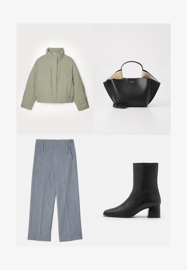 Holzweiler MOTO - Down jacket - light army; Black long-sleeve top made of soft fabric, featuring a round neckline and a relaxed fit with side slits at the hem for ease of movement.; Light gray, wide-leg trousers made of textured fabric, featuring two front pleats and two side pockets. Clean, tailored design.; Black leather ankle boot with a pointed toe and a chunky square heel. Smooth texture with a seamless design and minimalistic stitching.; Ree Projects ANN TOTE MINI - Handbag - black